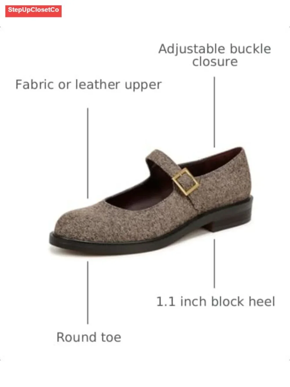 Mary Jane Flats with Metallic Buckle Block Heel Round Toe Dress Shoes